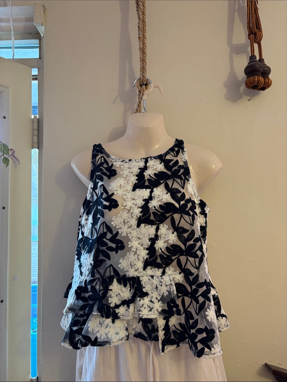 Black & White Floral Overlay Peplum Tank